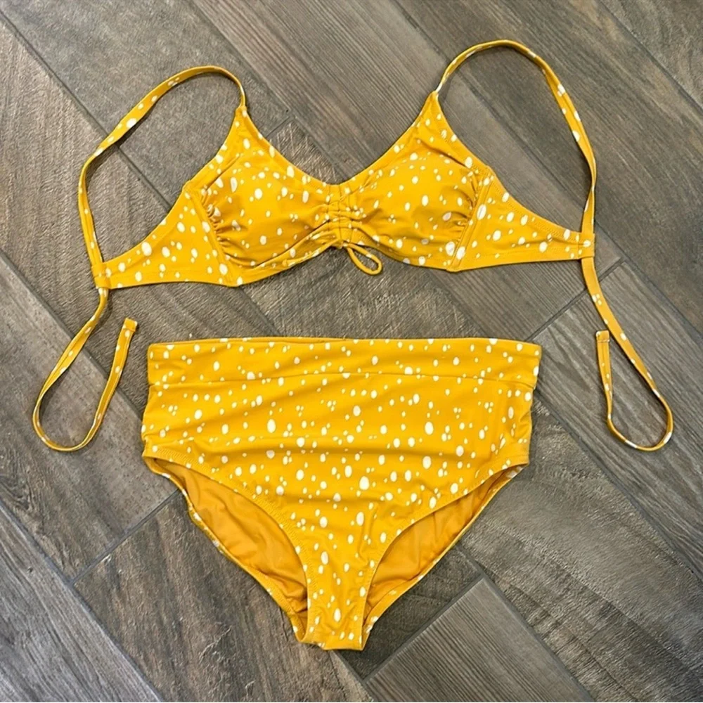 Kona Sol Plus Size Mustard Polka Dot High Waist Bikini Set 16W 18W D/DD